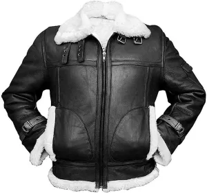 Men's B3 Bomber Aviator Jacket - Winter Faux Shearling Real Sheepskin Leather Jackets for Men, Black/Brown