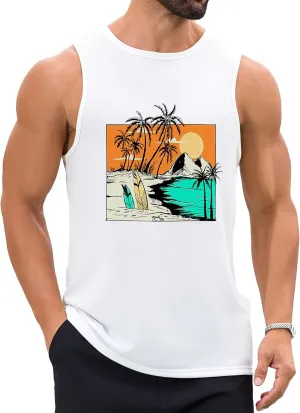 Mens Beach Tank Tops Summer Hawaii Vacation Graphic Muscle Palm Tree Sleeveless Shirts