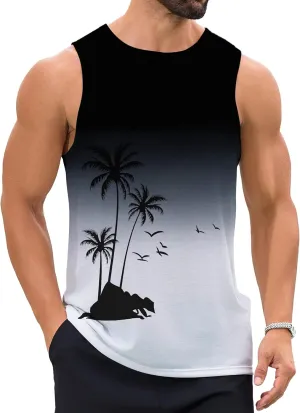 Mens Beach Tank Tops Summer Hawaii Vacation Graphic Muscle Palm Tree Sleeveless Shirts