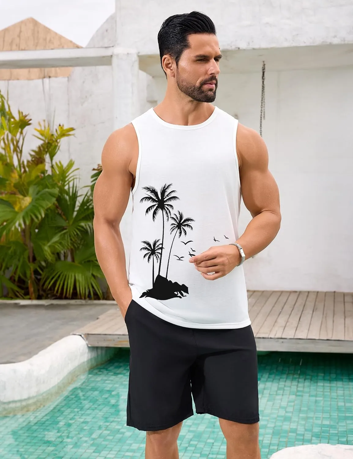 Mens Beach Tank Tops Summer Hawaii Vacation Graphic Muscle Palm Tree Sleeveless Shirts