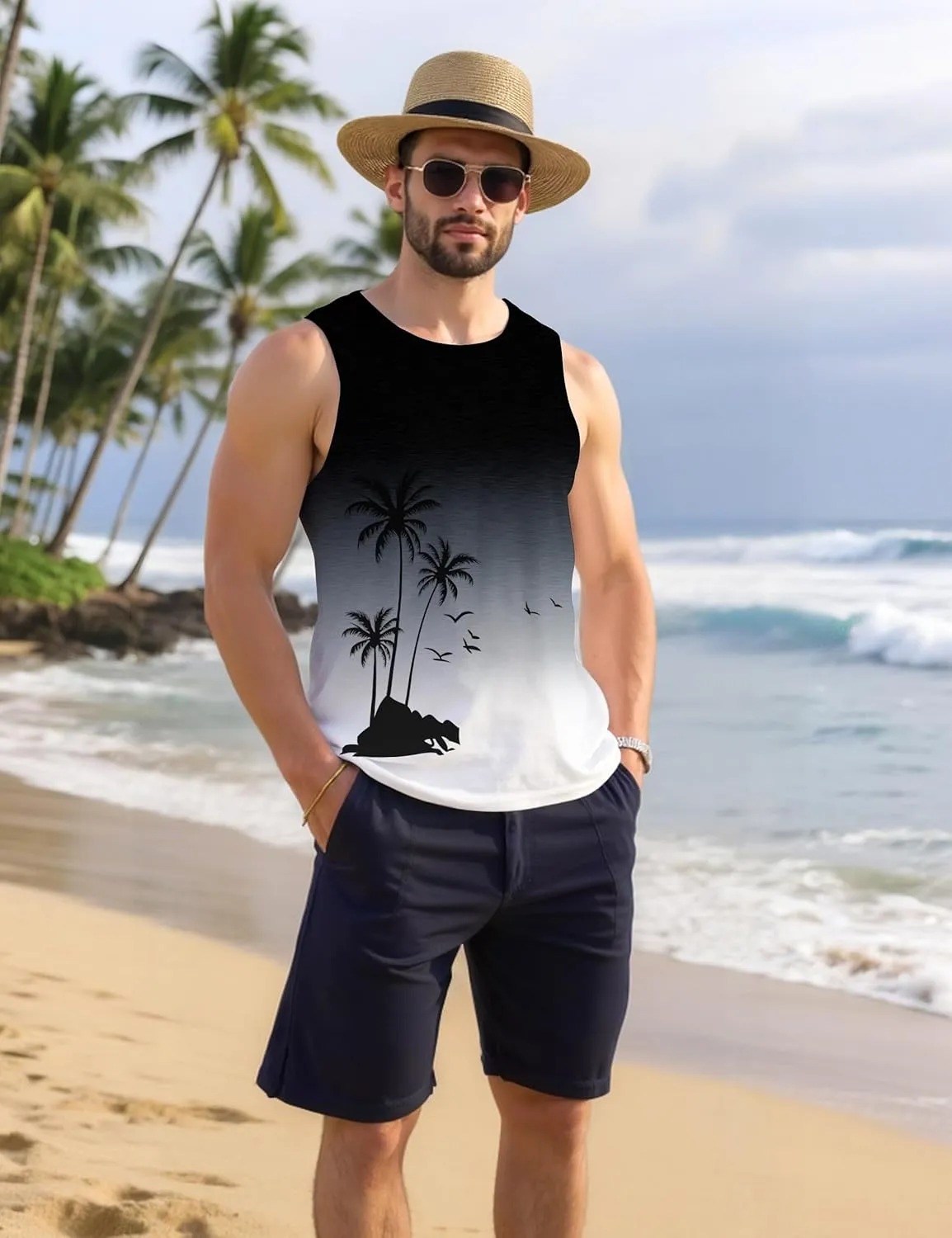 Mens Beach Tank Tops Summer Hawaii Vacation Graphic Muscle Palm Tree Sleeveless Shirts