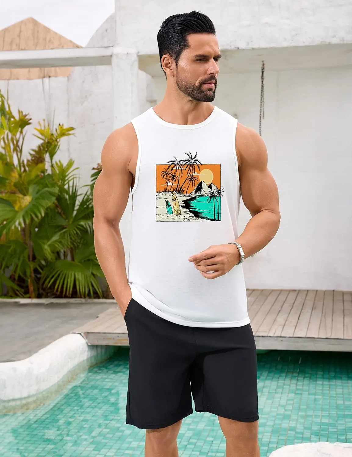 Mens Beach Tank Tops Summer Hawaii Vacation Graphic Muscle Palm Tree Sleeveless Shirts