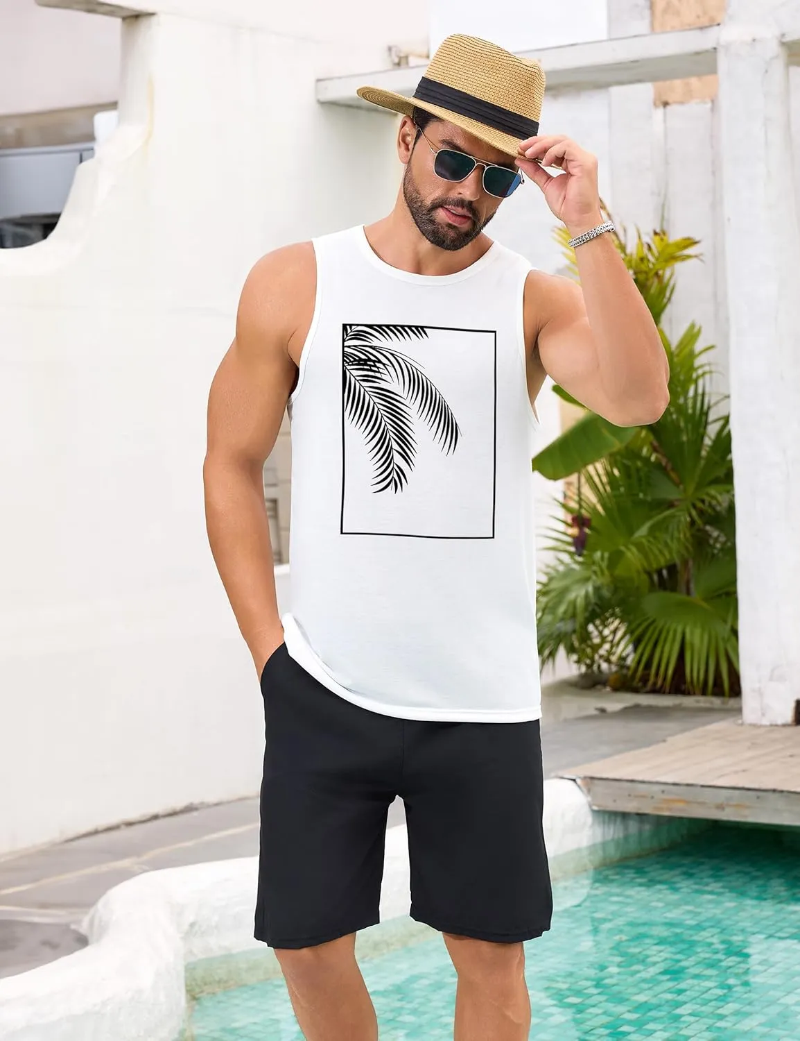 Mens Beach Tank Tops Summer Hawaii Vacation Graphic Muscle Palm Tree Sleeveless Shirts