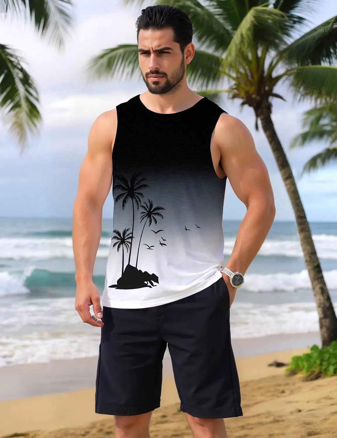 Mens Beach Tank Tops Summer Hawaii Vacation Graphic Muscle Palm Tree Sleeveless Shirts