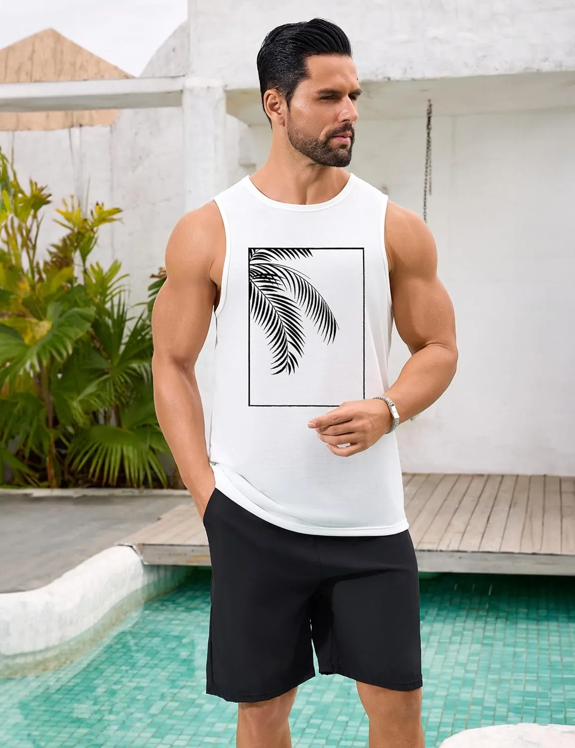 Mens Beach Tank Tops Summer Hawaii Vacation Graphic Muscle Palm Tree Sleeveless Shirts