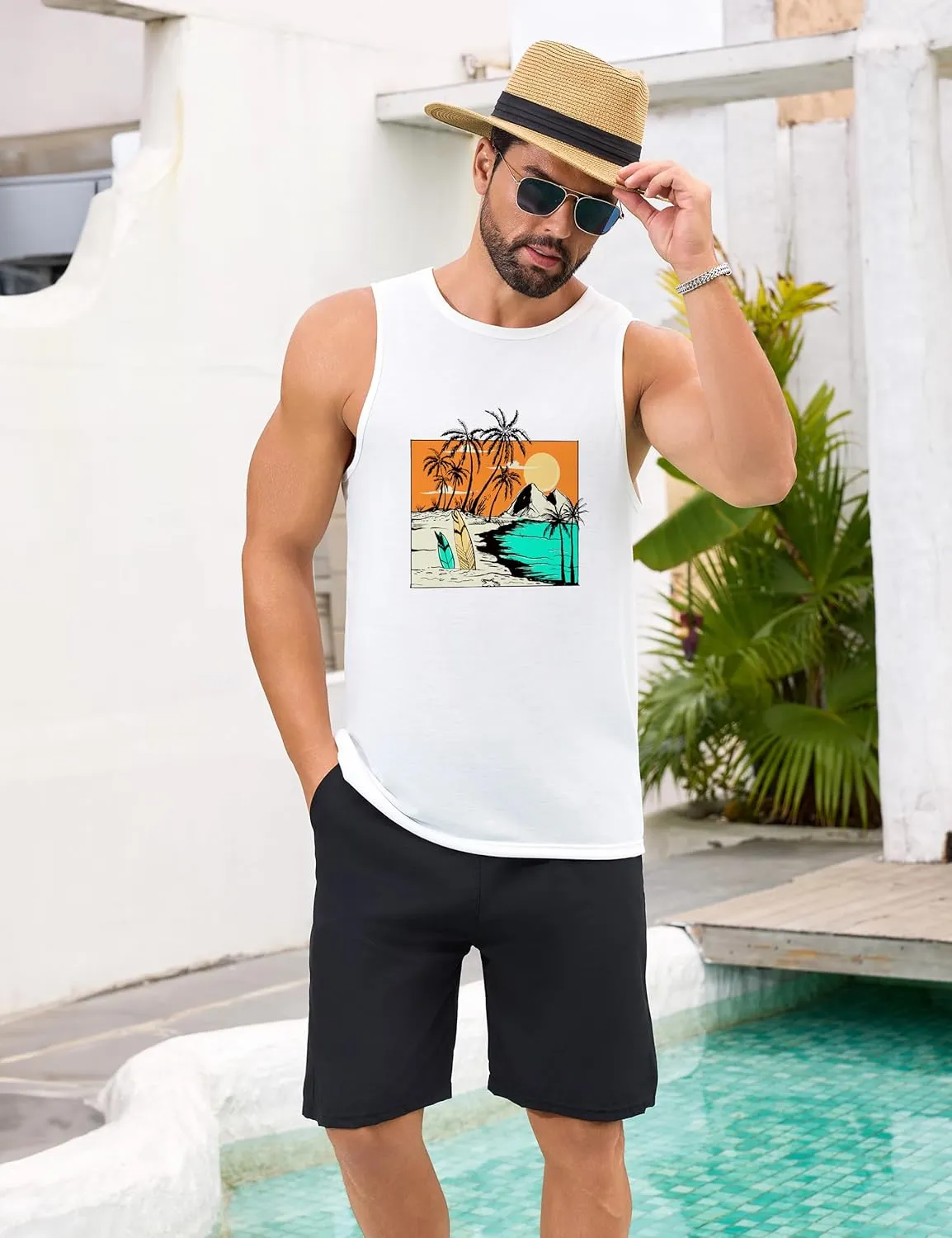 Mens Beach Tank Tops Summer Hawaii Vacation Graphic Muscle Palm Tree Sleeveless Shirts