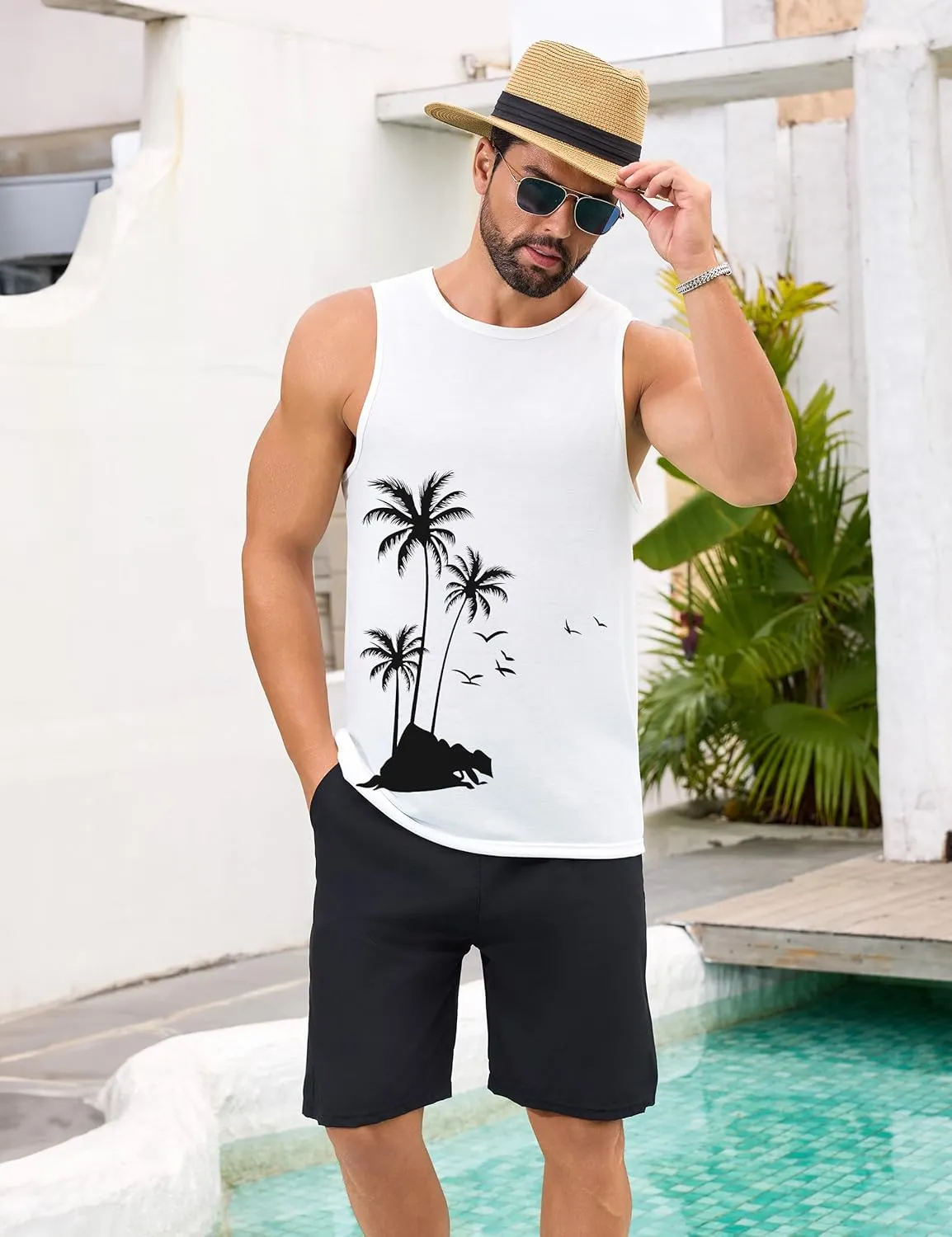 Mens Beach Tank Tops Summer Hawaii Vacation Graphic Muscle Palm Tree Sleeveless Shirts