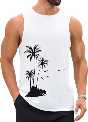 Mens Beach Tank Tops Summer Hawaii Vacation Graphic Muscle Palm Tree Sleeveless Shirts