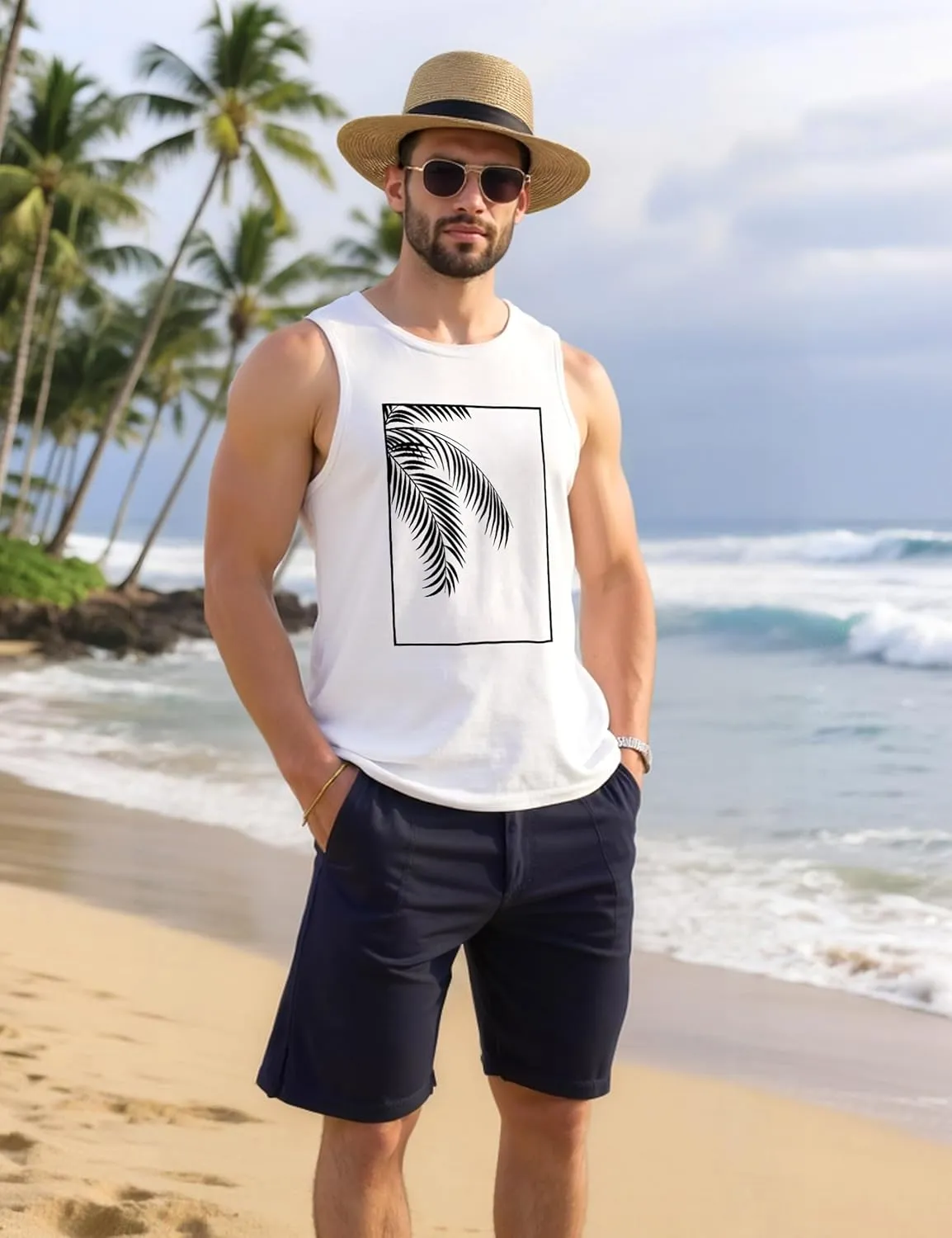 Mens Beach Tank Tops Summer Hawaii Vacation Graphic Muscle Palm Tree Sleeveless Shirts