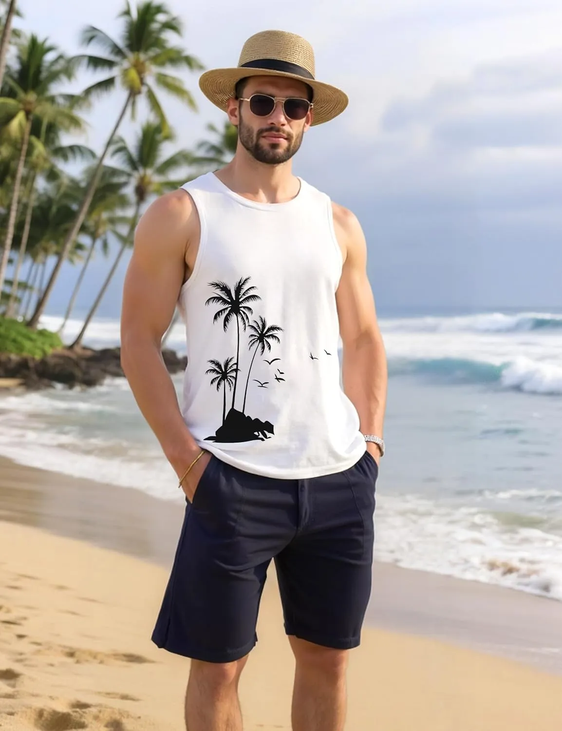 Mens Beach Tank Tops Summer Hawaii Vacation Graphic Muscle Palm Tree Sleeveless Shirts