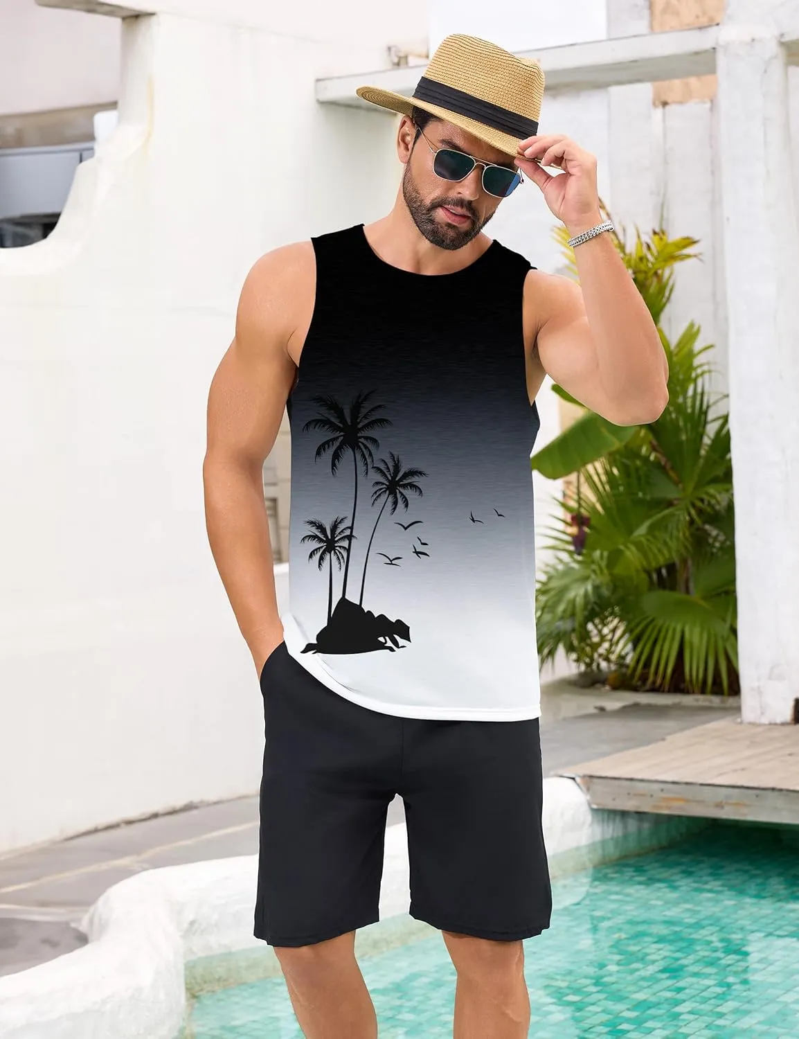Mens Beach Tank Tops Summer Hawaii Vacation Graphic Muscle Palm Tree Sleeveless Shirts