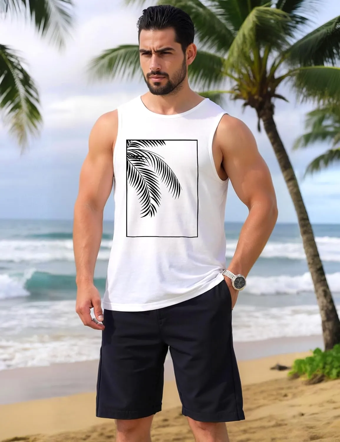 Mens Beach Tank Tops Summer Hawaii Vacation Graphic Muscle Palm Tree Sleeveless Shirts