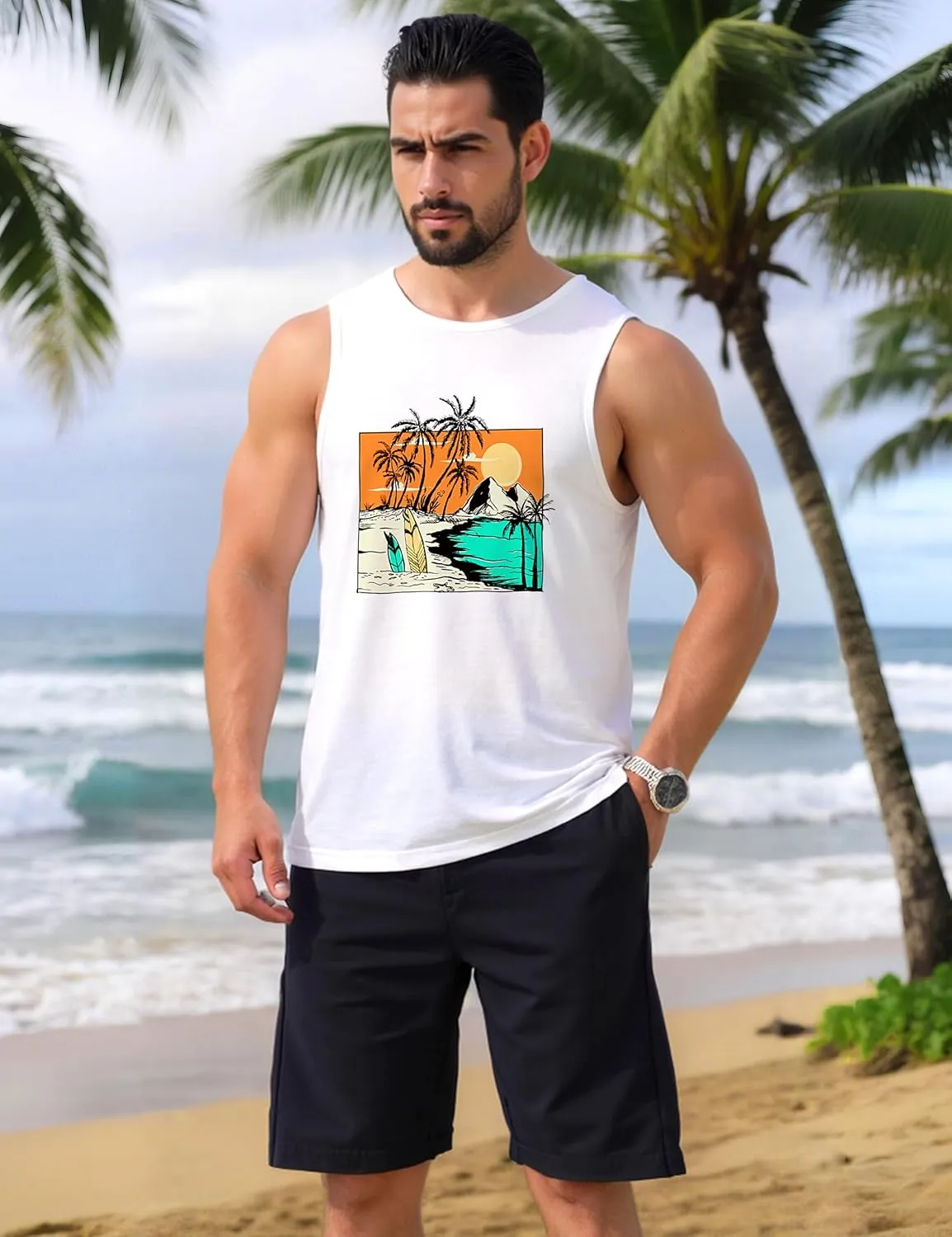 Mens Beach Tank Tops Summer Hawaii Vacation Graphic Muscle Palm Tree Sleeveless Shirts