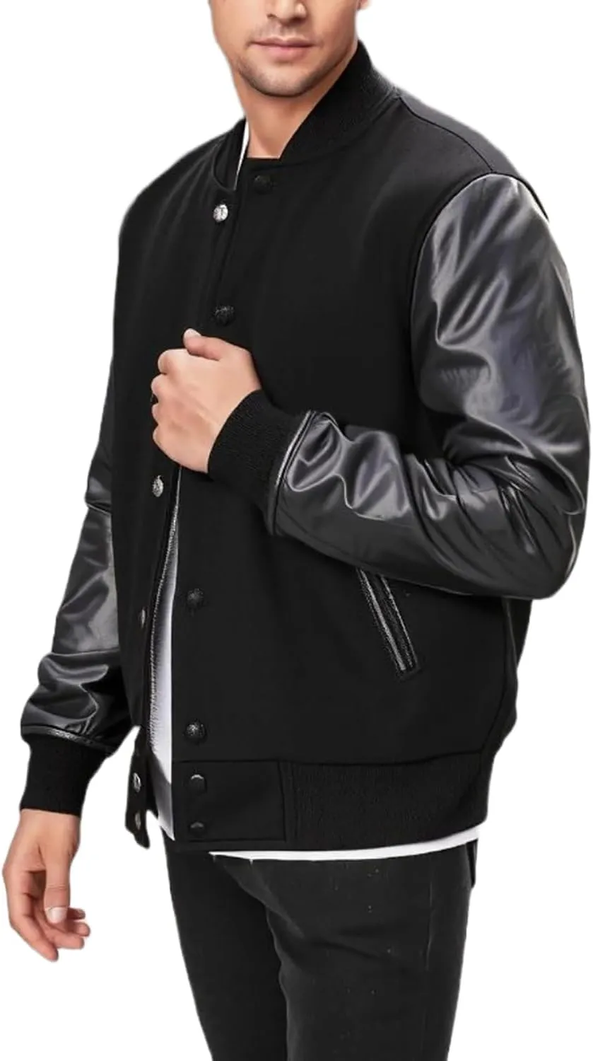 Mens Black Leather Letterman Varsity Collage Baseball Jacket - High School Jacket