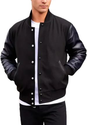 Mens Black Leather Letterman Varsity Collage Baseball Jacket - High School Jacket