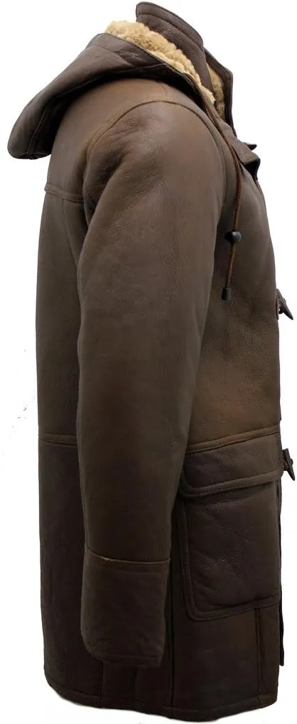Men's Brown Sheepskin Leather Detachable Hood Duffle Coat