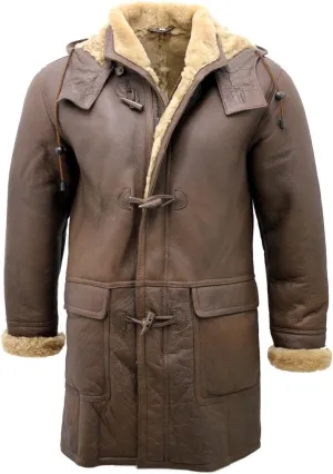 Men's Brown Sheepskin Leather Detachable Hood Duffle Coat