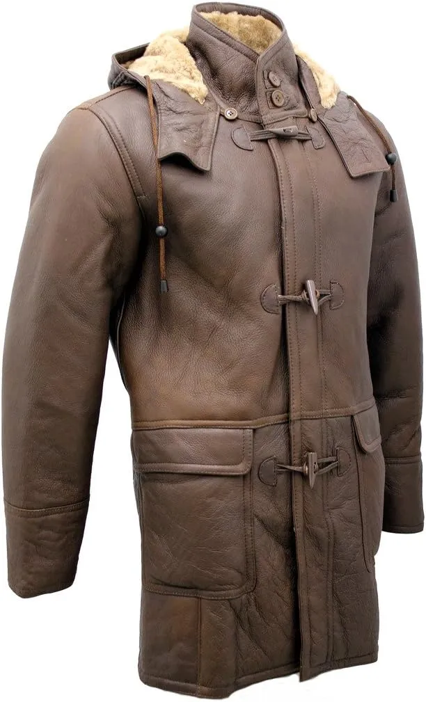 Men's Brown Sheepskin Leather Detachable Hood Duffle Coat