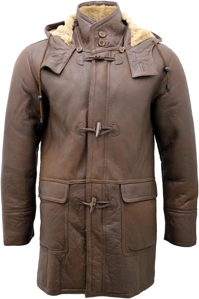 Men's Brown Sheepskin Leather Detachable Hood Duffle Coat