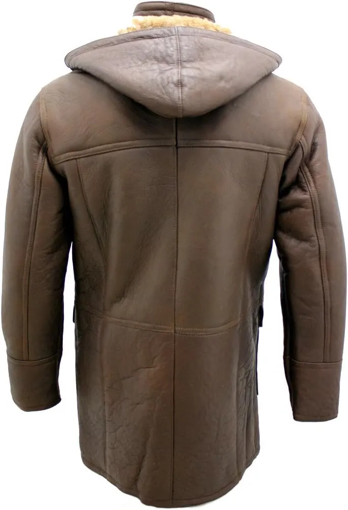 Men's Brown Sheepskin Leather Detachable Hood Duffle Coat