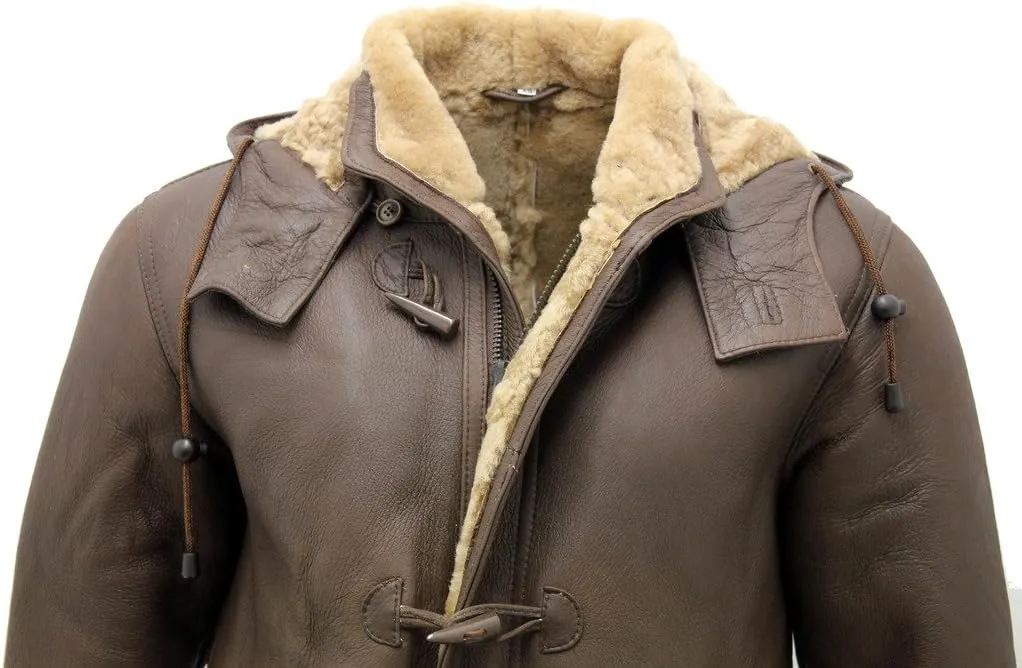 Men's Brown Sheepskin Leather Detachable Hood Duffle Coat