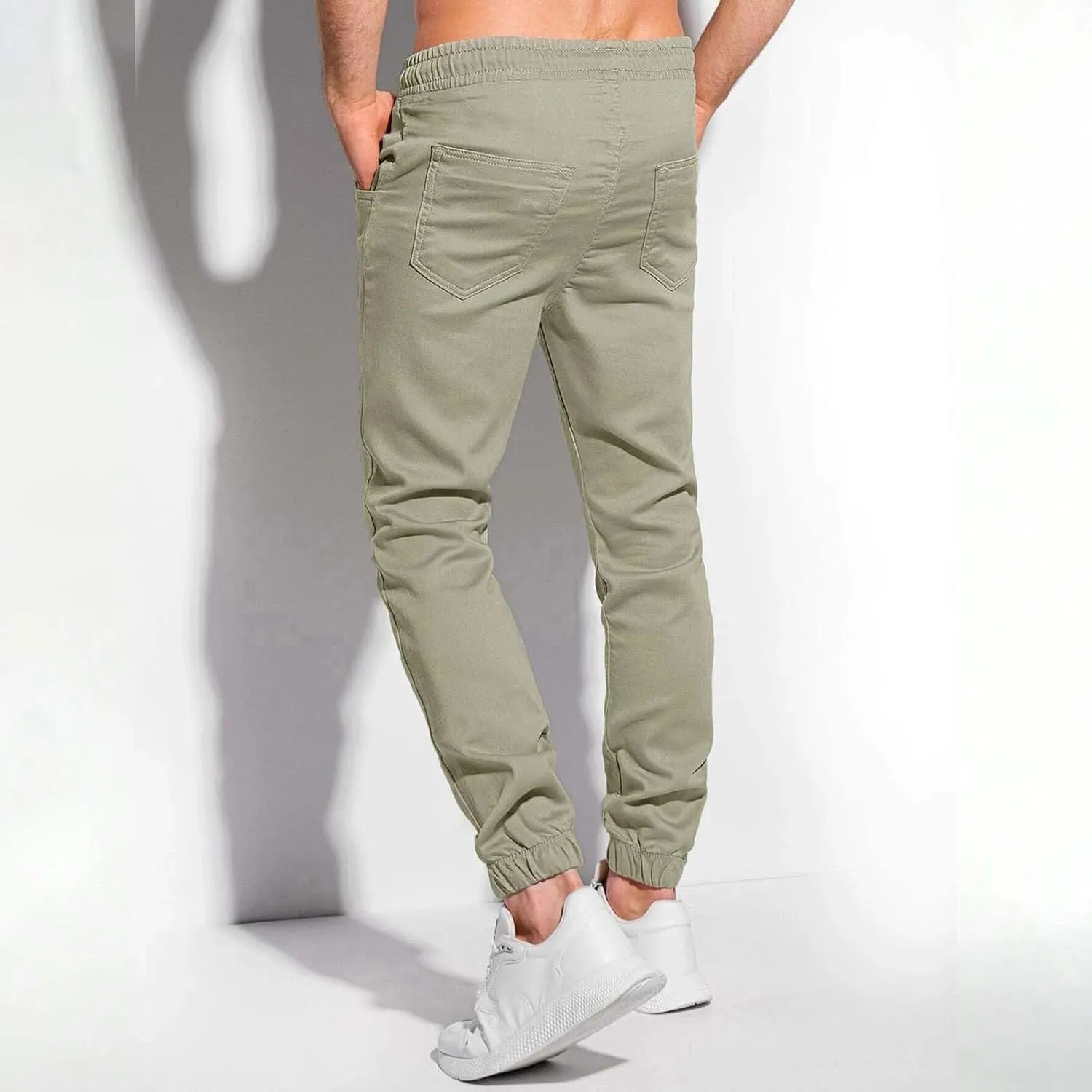 Mens Casual Chino Pants Elastic Waist Solid Color Classic Slim Fit Stretch Work Pants Fashion Sport Business Office Trousers