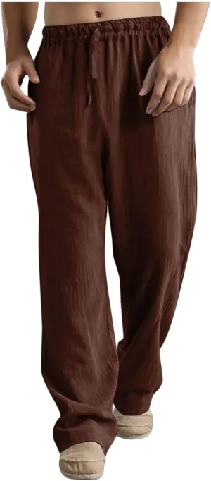 Mens Casual Cotton Pants, Drawstring Pants Men, Lightweight Elastic Waist Summer Beach Trousers Plus Size Pockets