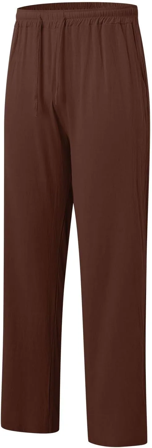 Mens Casual Cotton Pants, Drawstring Pants Men, Lightweight Elastic Waist Summer Beach Trousers Plus Size Pockets