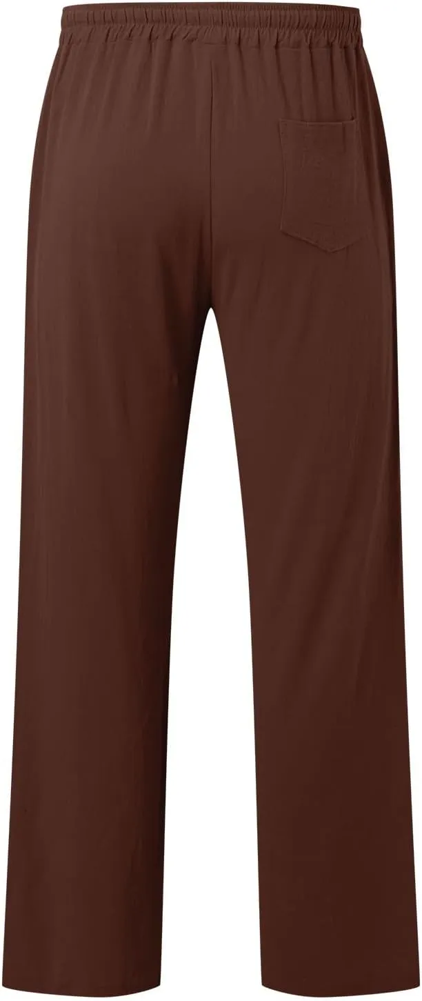 Mens Casual Cotton Pants, Drawstring Pants Men, Lightweight Elastic Waist Summer Beach Trousers Plus Size Pockets