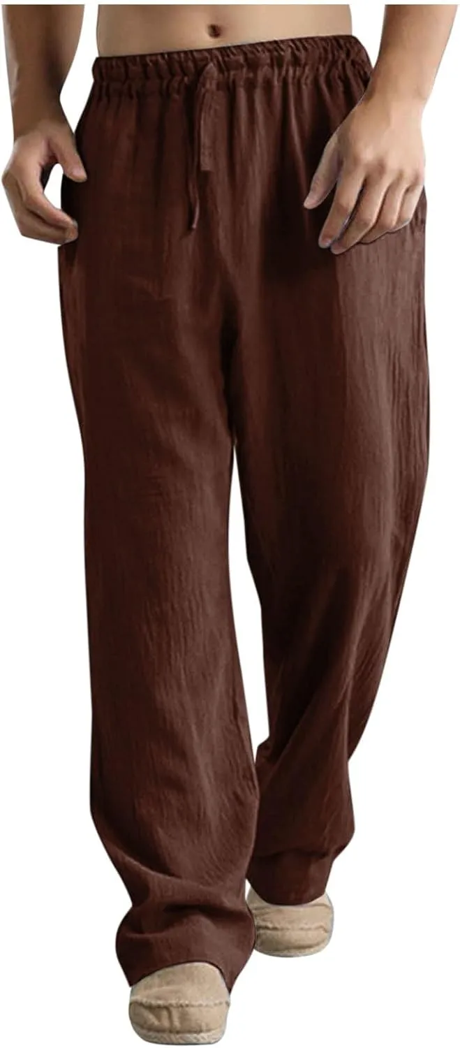 Mens Casual Cotton Pants, Drawstring Pants Men, Lightweight Elastic Waist Summer Beach Trousers Plus Size Pockets