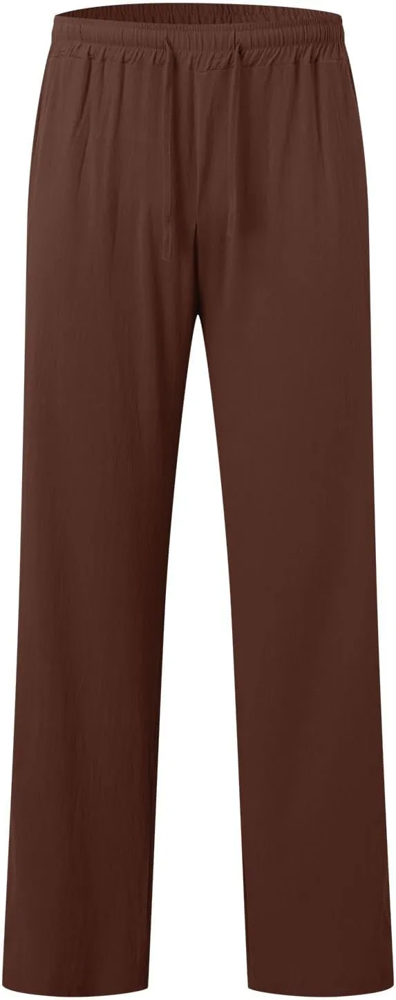 Mens Casual Cotton Pants, Drawstring Pants Men, Lightweight Elastic Waist Summer Beach Trousers Plus Size Pockets