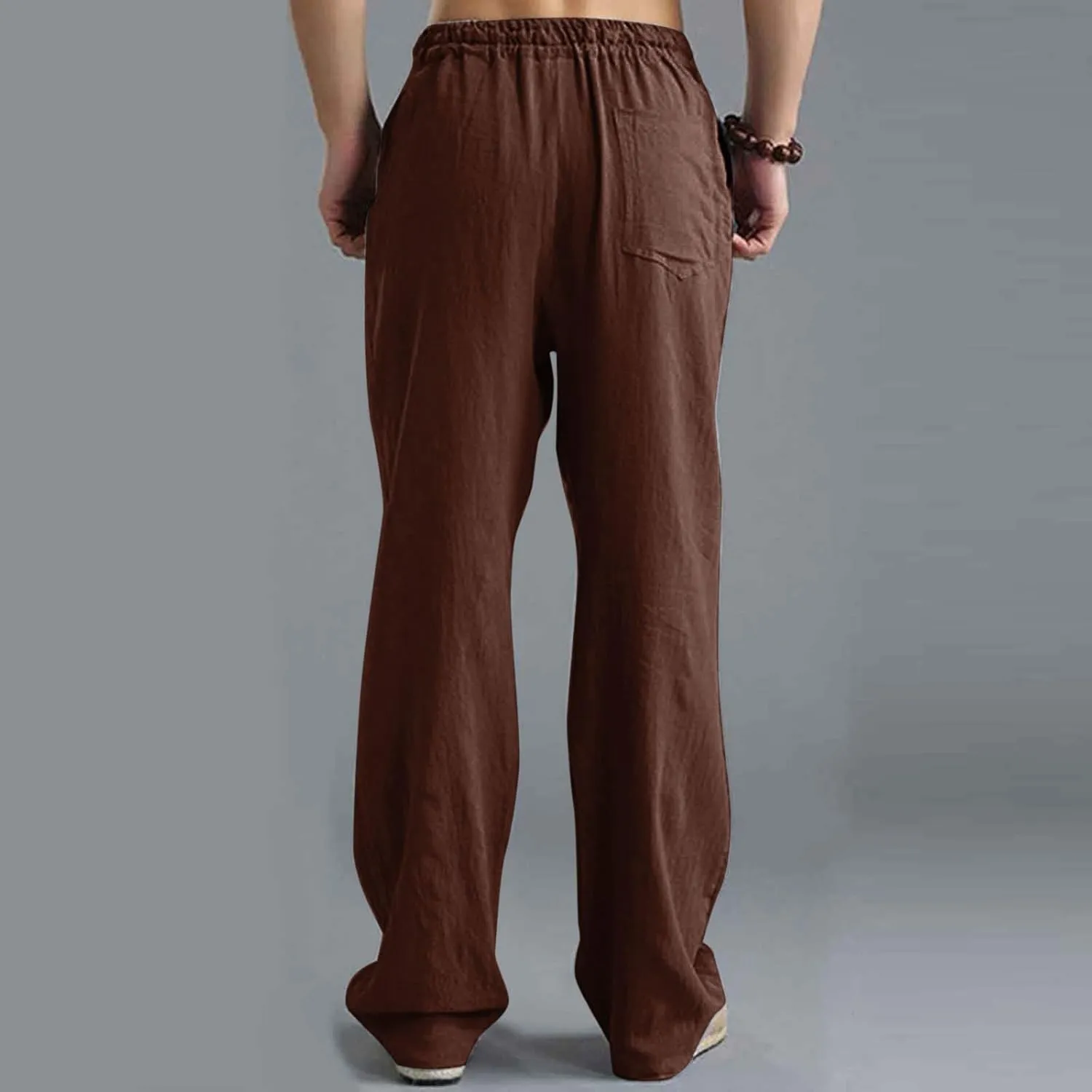 Mens Casual Cotton Pants, Drawstring Pants Men, Lightweight Elastic Waist Summer Beach Trousers Plus Size Pockets