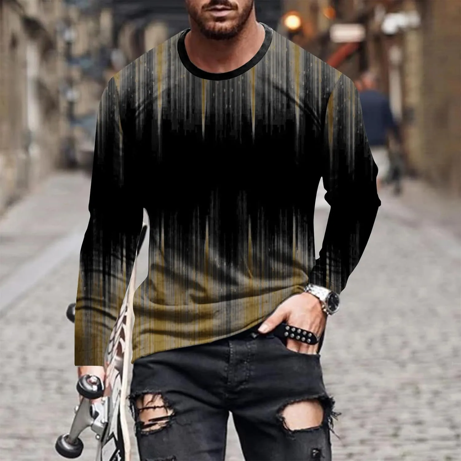 Men's Casual Round Neck Long Sleeve Pullover Printed T-Shirt Blouse Tops, 2024 Tall and Big Mens Tops Fall Trendy