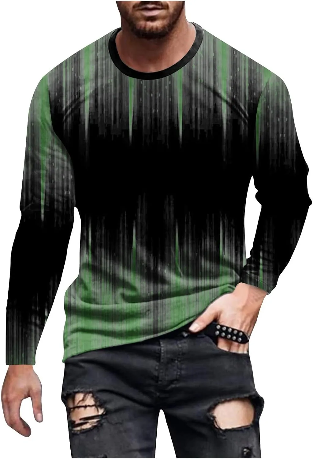Men's Casual Round Neck Long Sleeve Pullover Printed T-Shirt Blouse Tops, 2024 Tall and Big Mens Tops Fall Trendy