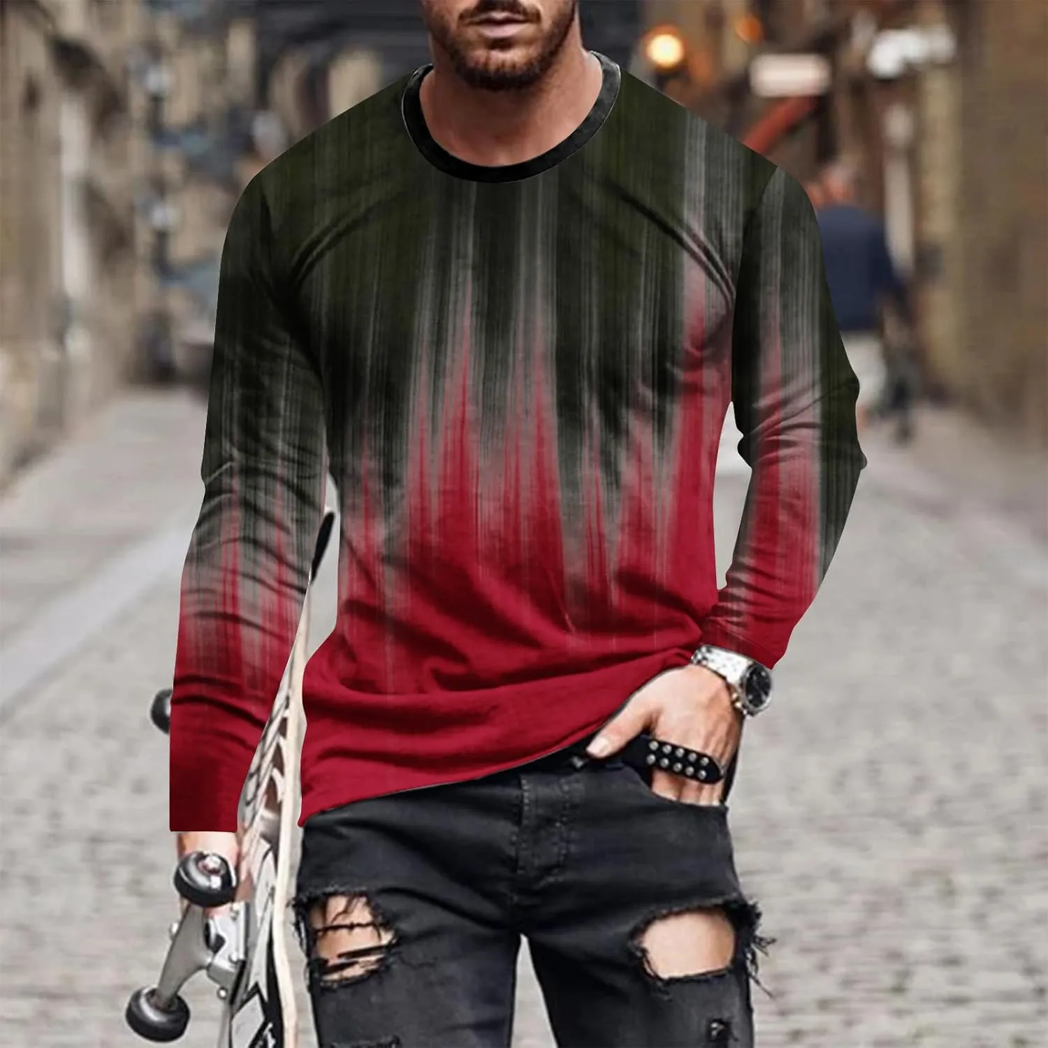 Men's Casual Round Neck Long Sleeve Pullover Printed T-Shirt Blouse Tops, 2024 Tall and Big Mens Tops Fall Trendy