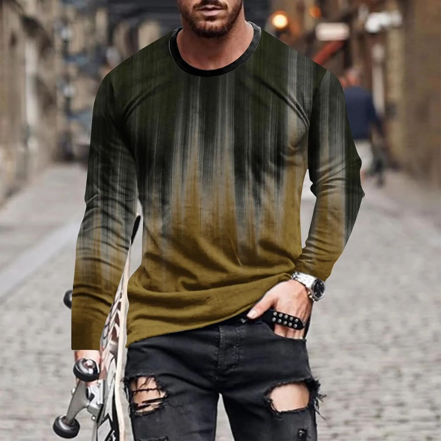 Men's Casual Round Neck Long Sleeve Pullover Printed T-Shirt Blouse Tops, 2024 Tall and Big Mens Tops Fall Trendy