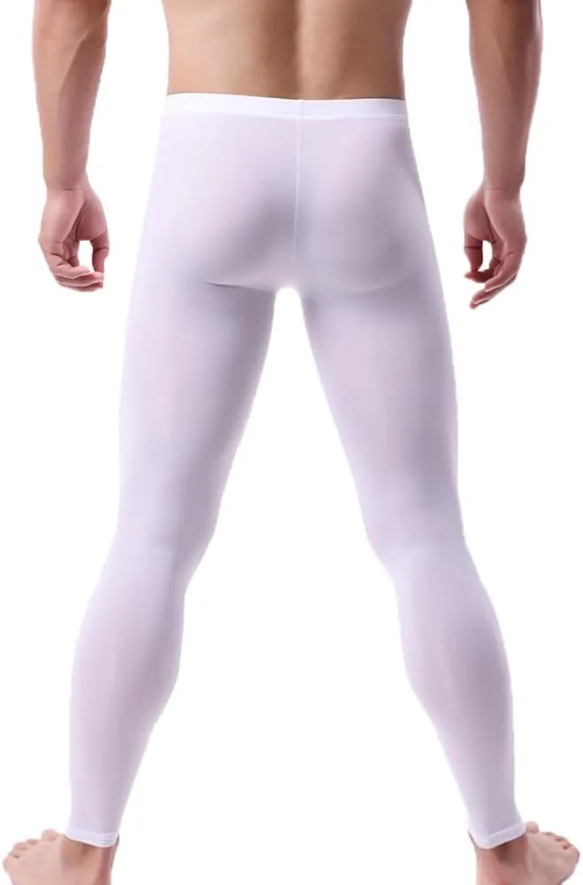 Men's Ice Silk Sheer Leggings Pants Underwear Bottoms Low Rise Elastic Trousers Long Johns