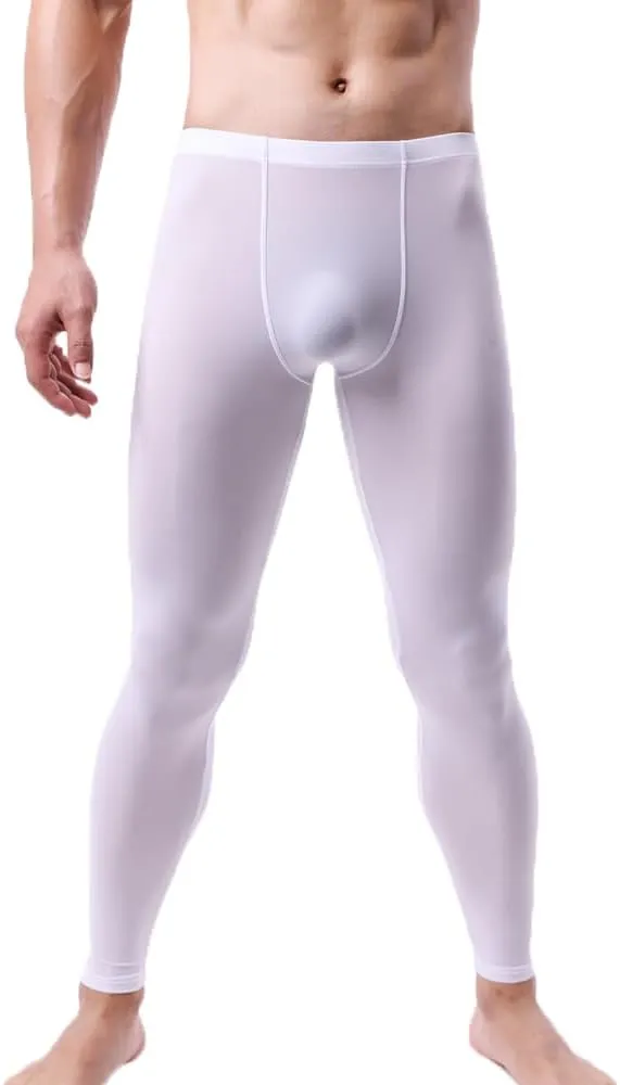 Men's Ice Silk Sheer Leggings Pants Underwear Bottoms Low Rise Elastic Trousers Long Johns