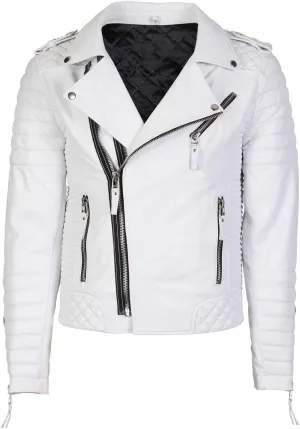 Mens Leather Jackets Motorcycle Bomber Biker White Real Leather Jacket Men, Large