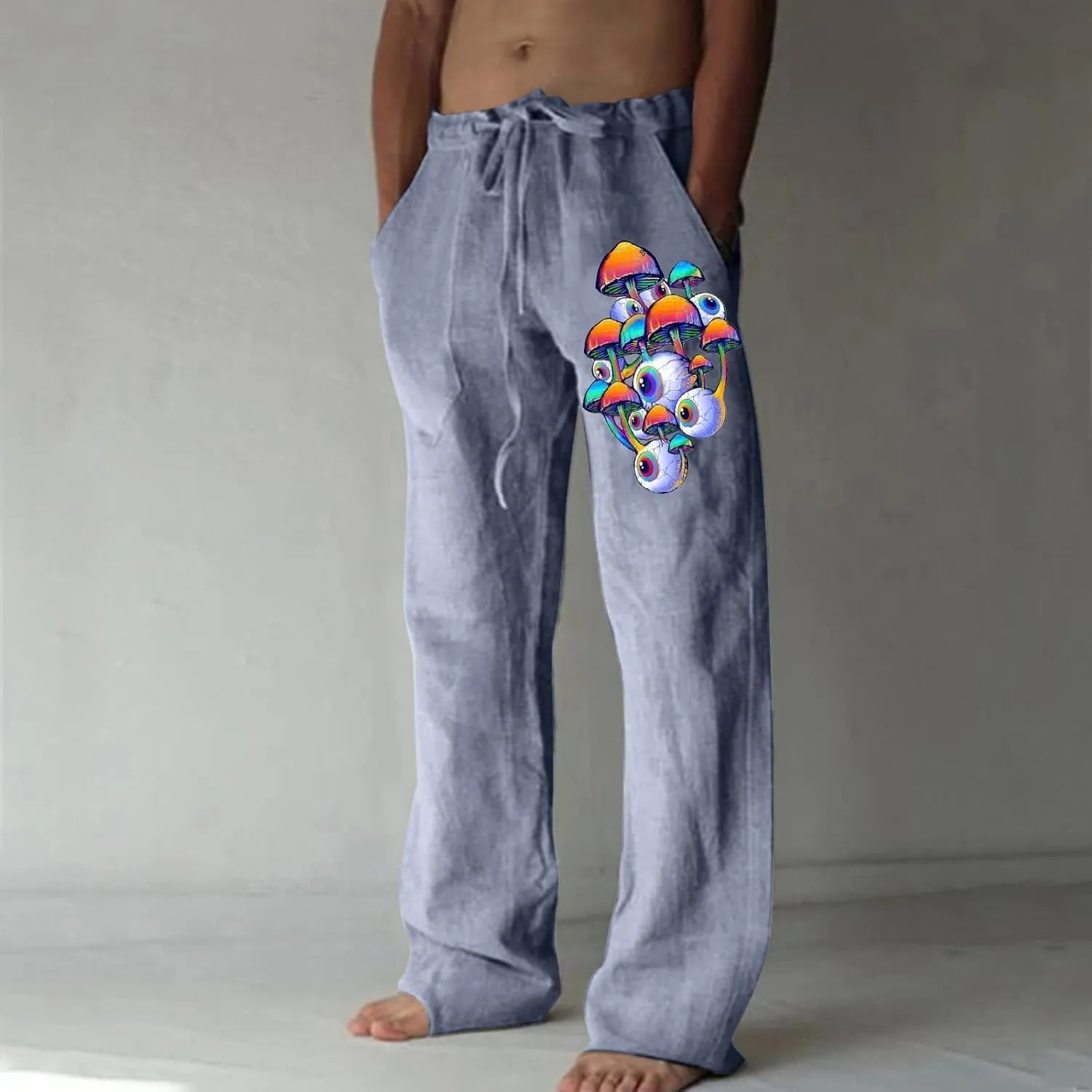 Mens Linen Drawstring Pants Elastic Waist Lightweight Trouser Casual Yoga Summer Beach Pant