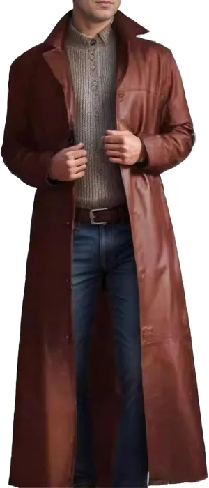 Mens Long Leather Trench Coat Full Length Motorcycle Leather Jakcet Fashion Slim Fit Punk Jacket Overcoat
