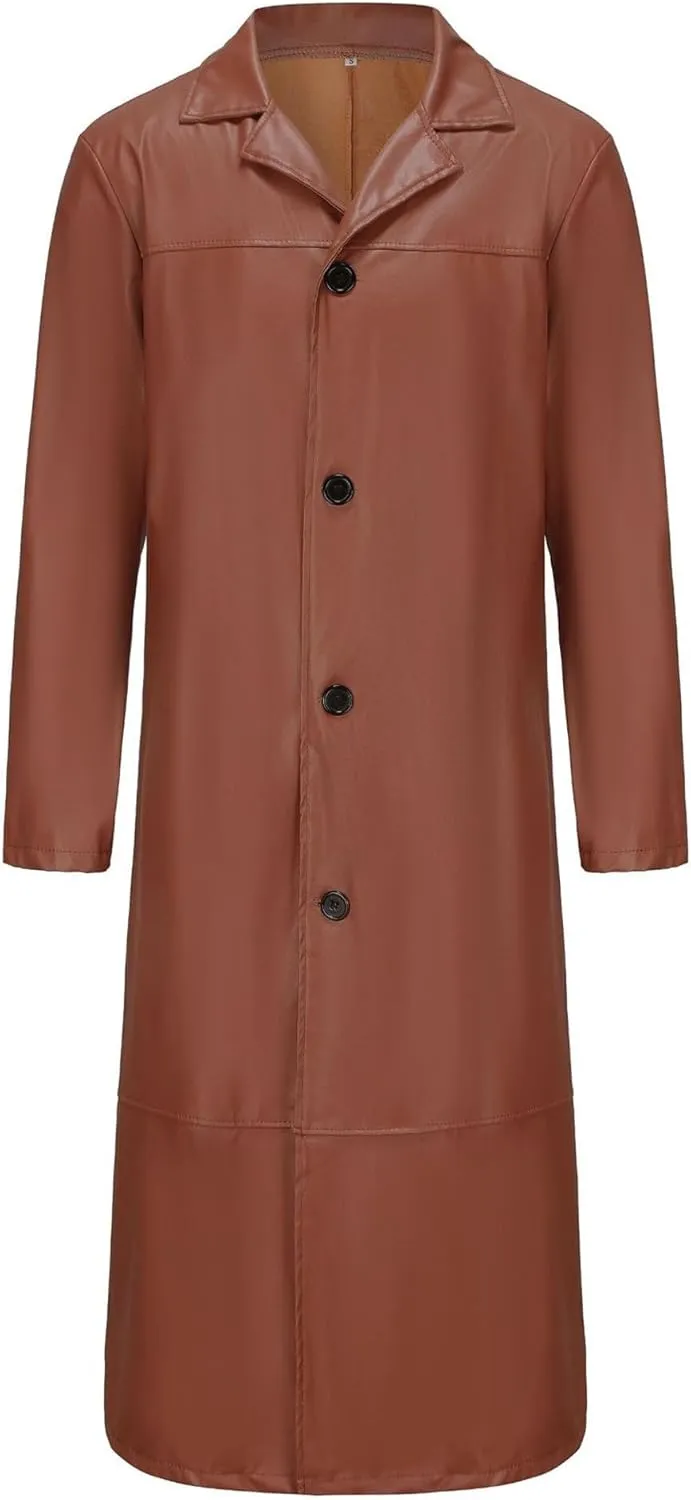 Mens Long Leather Trench Coat Full Length Motorcycle Leather Jakcet Fashion Slim Fit Punk Jacket Overcoat
