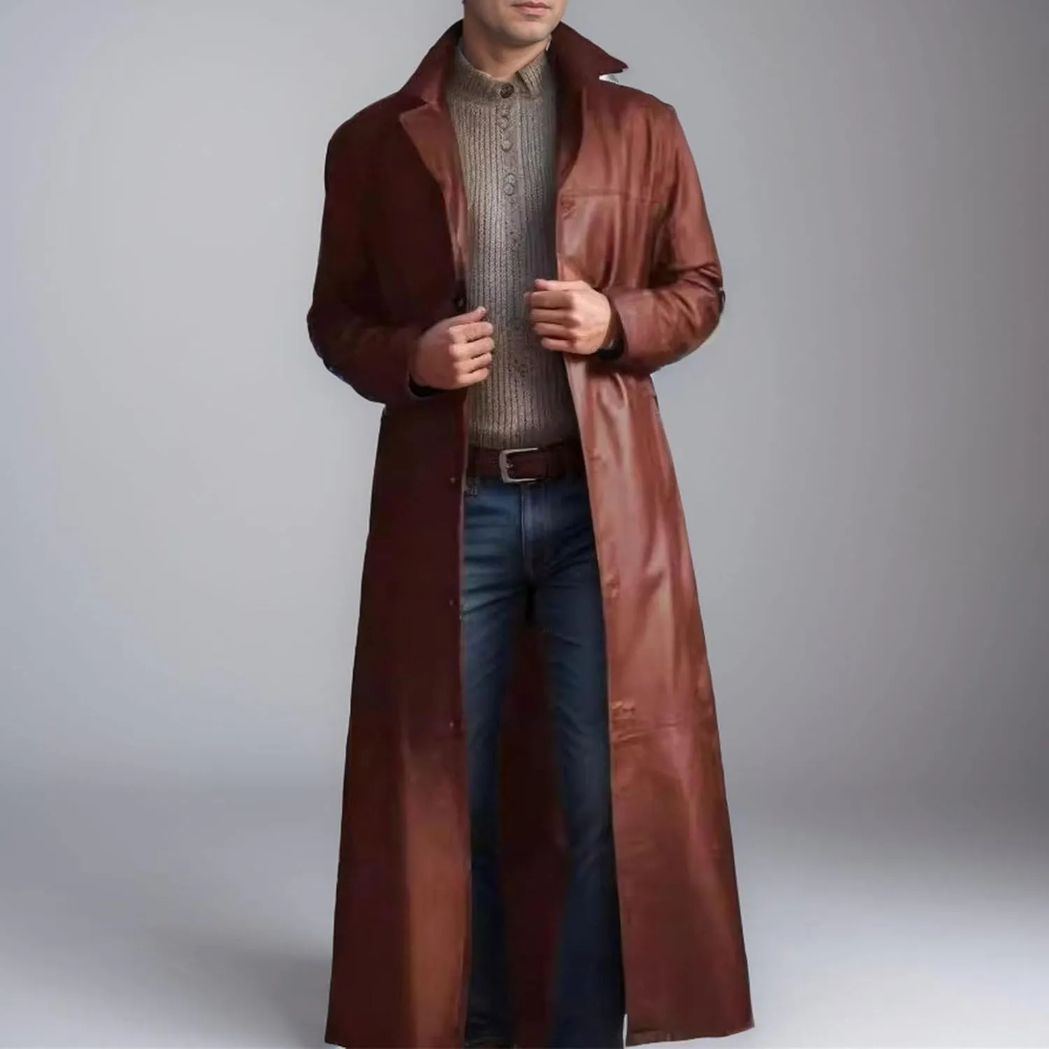 Mens Long Leather Trench Coat Full Length Motorcycle Leather Jakcet Fashion Slim Fit Punk Jacket Overcoat