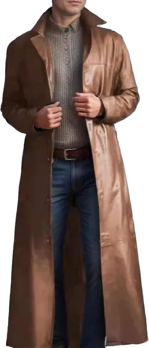 Mens Long Leather Trench Coat Full Length Motorcycle Leather Jakcet Fashion Slim Fit Punk Jacket Overcoat