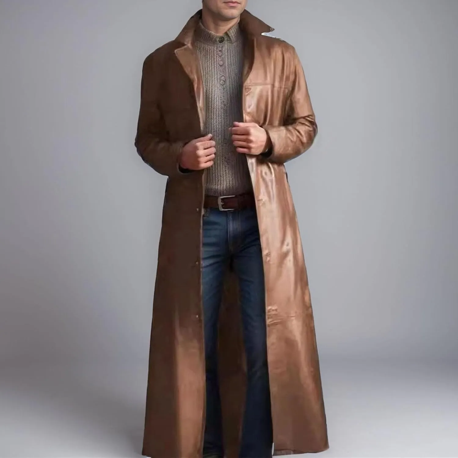 Mens Long Leather Trench Coat Full Length Motorcycle Leather Jakcet Fashion Slim Fit Punk Jacket Overcoat