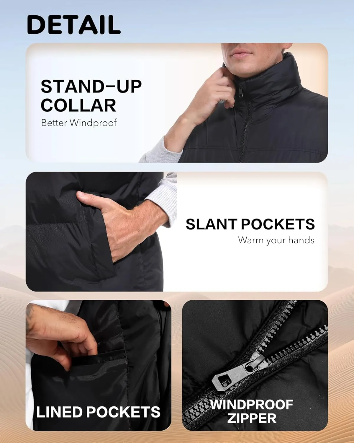 Mens Puffer Vest Winter Warm Puffy Vest Jacket for Men Stand Collar Sleeveless Coat with Pockets Casual Outwear