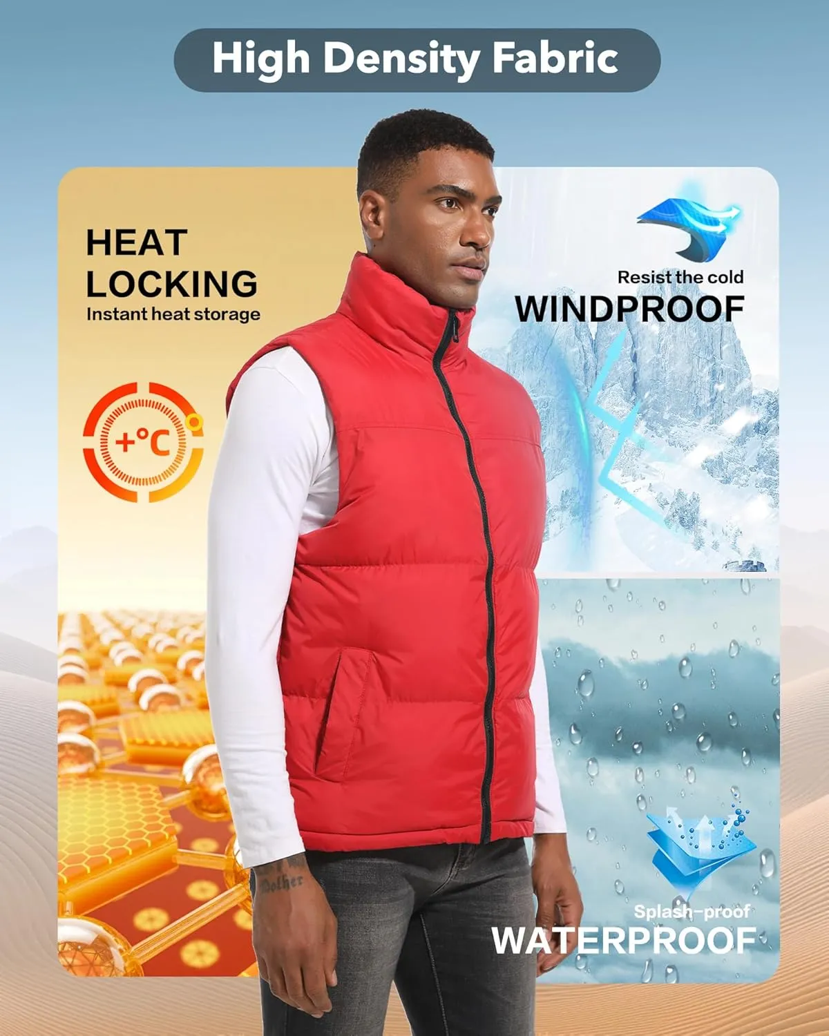 Mens Puffer Vest Winter Warm Puffy Vest Jacket for Men Stand Collar Sleeveless Coat with Pockets Casual Outwear