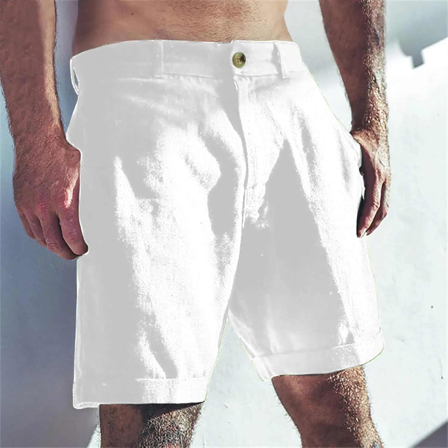 Mens Shorts Summer Trendy Cotton Linen Beach Pants Elastic Waist Button Trousers Breathable Running Pants with Pokets