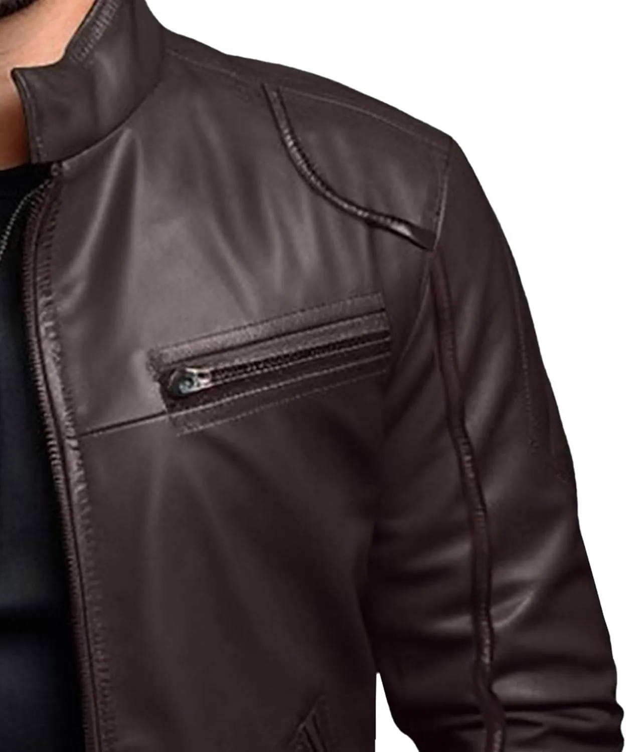 Men's Stand Collar Faux Leather Jacket Casual Zip Up Leather Motorcycle Jacket Solid Color Slim Punk Biker Outwear