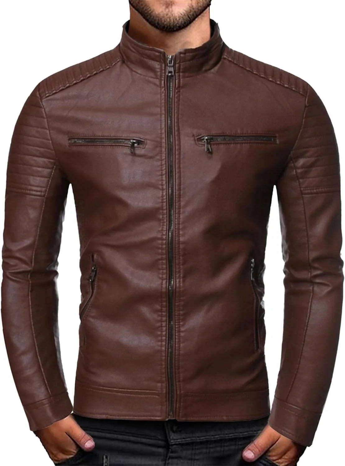 Men's Stand Collar Faux Leather Jacket Casual Zip Up Leather Motorcycle Jacket Solid Color Slim Punk Biker Outwear